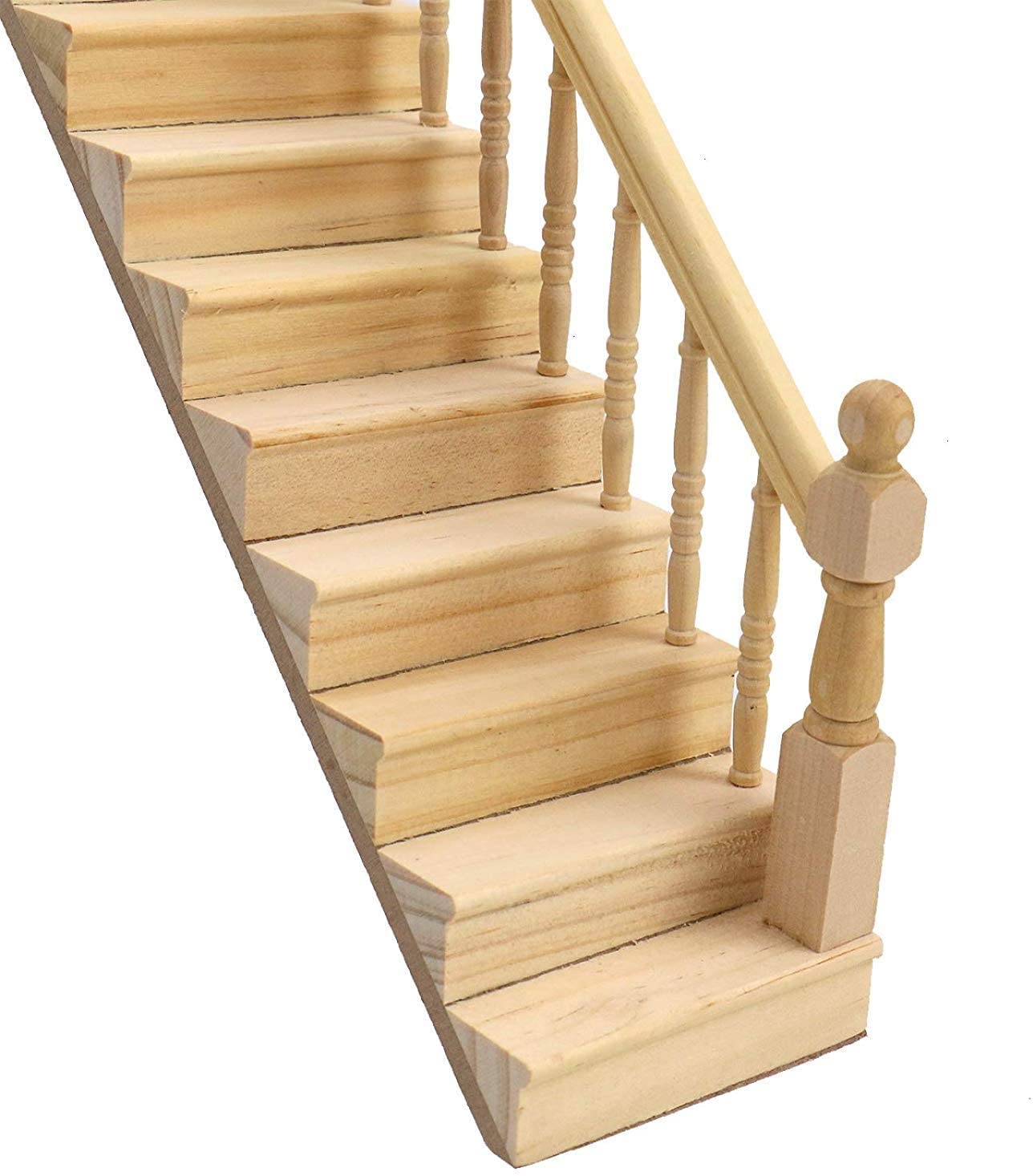 Miniature Stairs 1:12 Scale Dollhouse Furniture Wooden Handrail Diy Unpainted Staircase Dollhouse Accessories Pre-Assembled Steps Model (Right-Handrail)