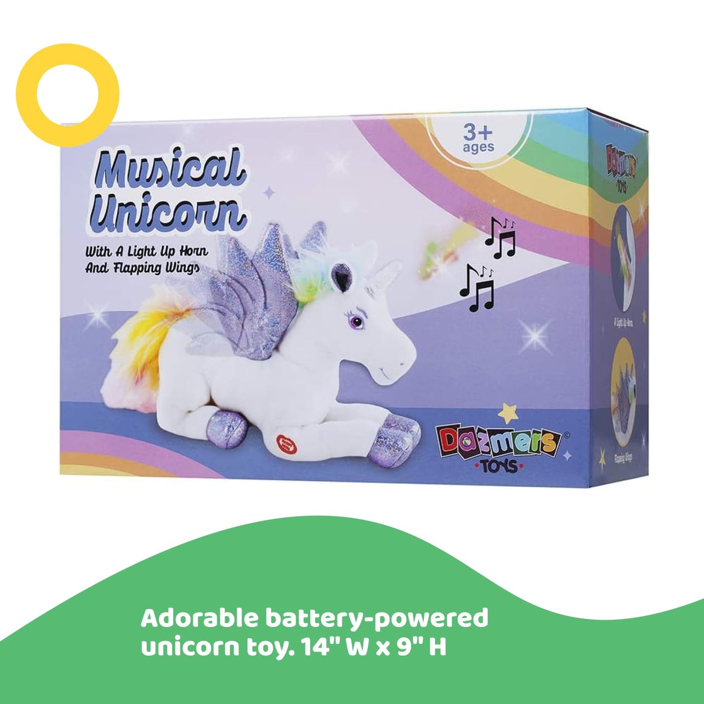 Dazmers Purple Unicorn Light Up Stuffed Animal Toy - Musical Plush with Flapping Wings for Kids - Small Size Magical Lights & Sounds