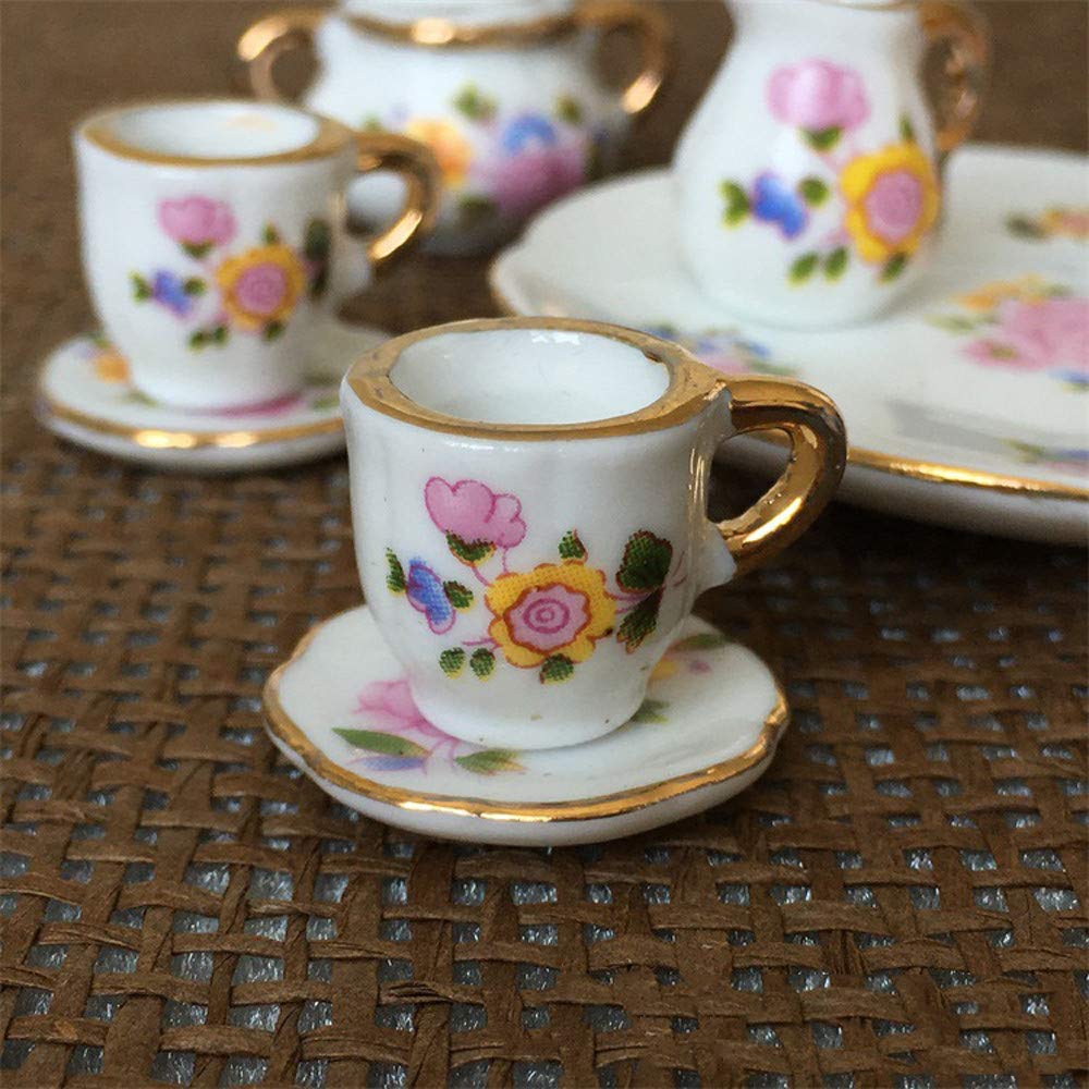 Sxfse Dollhouse Decoration Kitchen Accessories, 8Pcs Dining Ware Porcelain Tea Cup Set Pink Dish Cup Plate With Golden Trim 1/6 Dollhouse Miniature