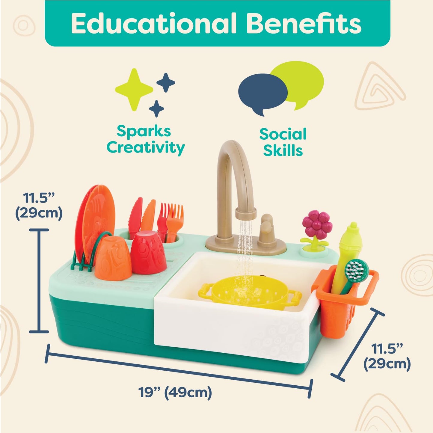 B. toys- Splash-n-Scrub Sink- Pretend Play Color Changing Playset - Toy Kitchen Sink - Faucet & Running Water, Dishes, Play Food