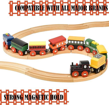 Wooden Train Cars 9 Piece Collection Of Magnetic Trains And Wood Engine And Vehicles Compatible With All Major Brands, A Deluxe