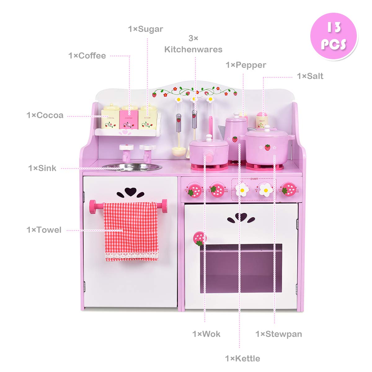 HONEY JOY Pink Kids Kitchen Playset, Wooden Pretend Play Kitchen for Toddlers, 13 Pcs Cookware Utensils, Faucet, Stove, Storage