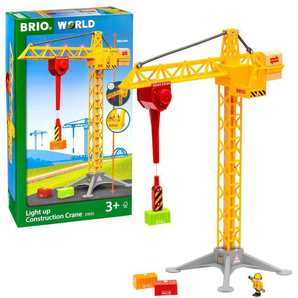 Brio 33835 Construction Crane With Lights | Premium Wooden Toy Train Set | Ideal For Kids Age 3 And Up | Built With Sustainable Materials | Yellow