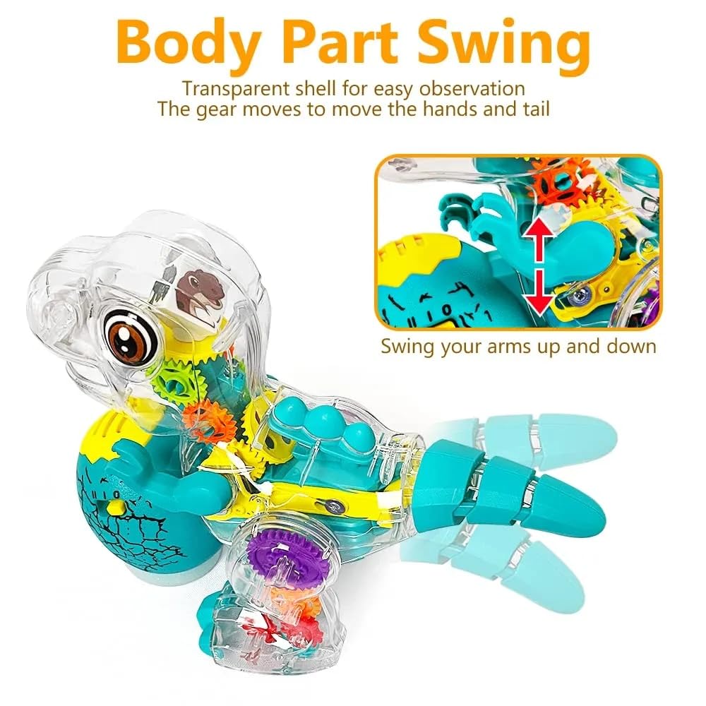 Nenekal Electric T-Rex Dinosaur Toy With Transparent Gears & Multicolored Flashing Led Lights, Music, Moving Wheels, Stem Toys For Toddlers, Boys & Girls, Tummy Time
