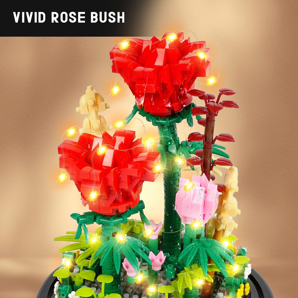 HOGOKIDS Flower Bouquet Building Kit - 596 PCS LED Rose Blocks, Red - HG-18471, Ideal Birthday/Valentine's Gift for Adults