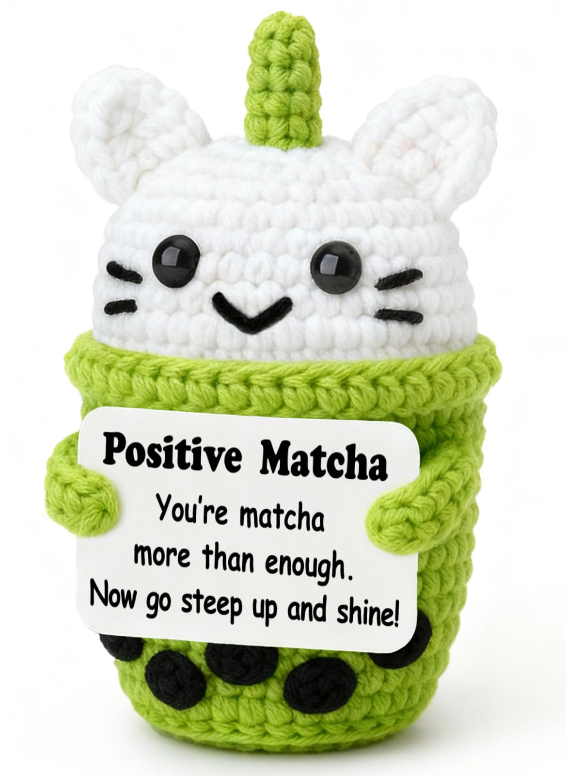 Weming Positive Gift-Cute Mini Crochet Boba Tea Plush with Message Sign, Handmade 4-inch, Matcha Green Cup, Kawaii Desk Decor, Y