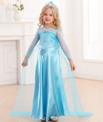 Luzlen Elsa Dress for Girls Toddler Snow Princess Costume Blue with Wig Halloween Birthday Party Dress Up Outfits, 7-8Y(Tag 150)