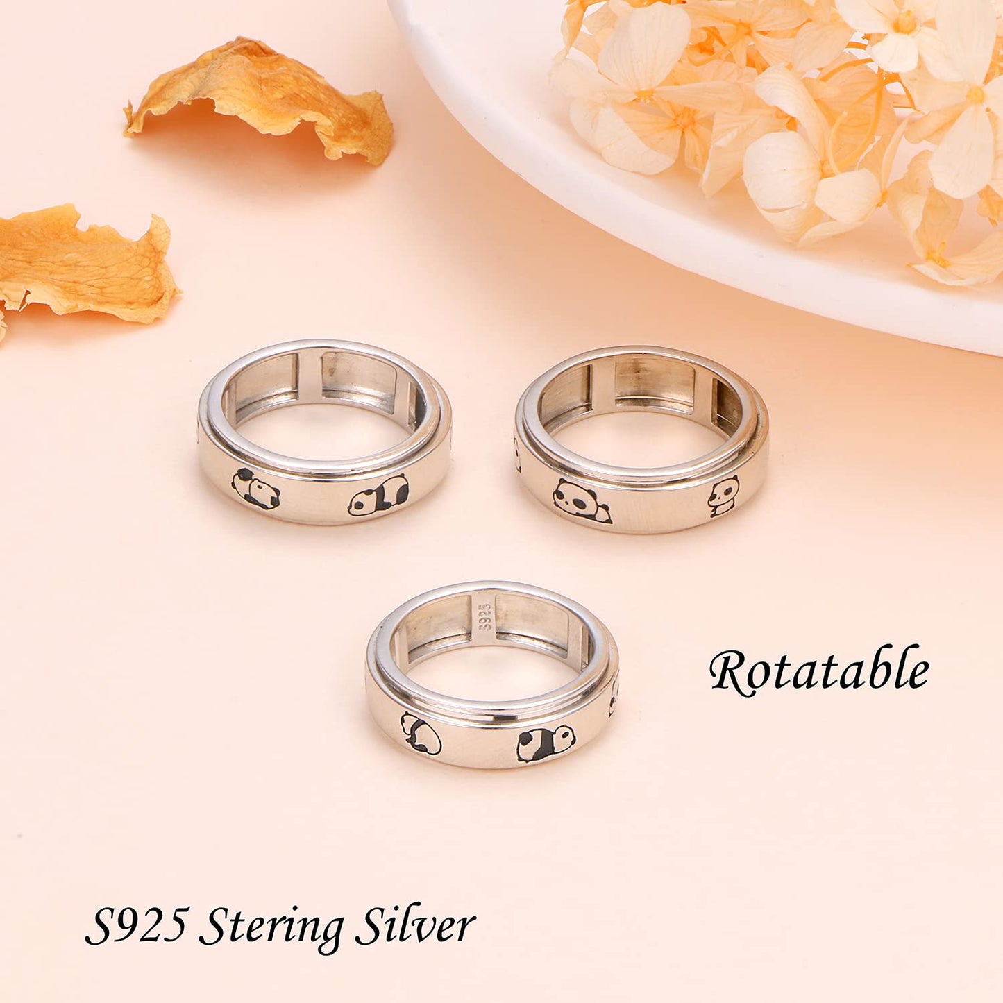 Hoohwe Spinner Rings For Anxiety,S925 Sterling Silver Fidget Anxiety Worry Relieving Boredom Adhd Autism Band Rings (2-Panda Rin