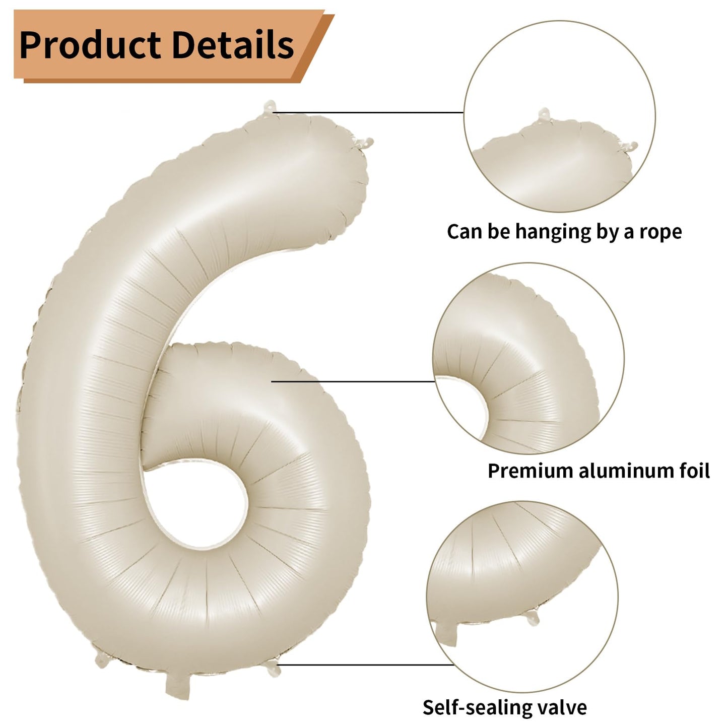 Biapian 40 Inch Cream Number 6 Balloons, Cream White Large 6Th Birthday Balloons With 18'' Foil Cream Heart Balloon Helium For 6