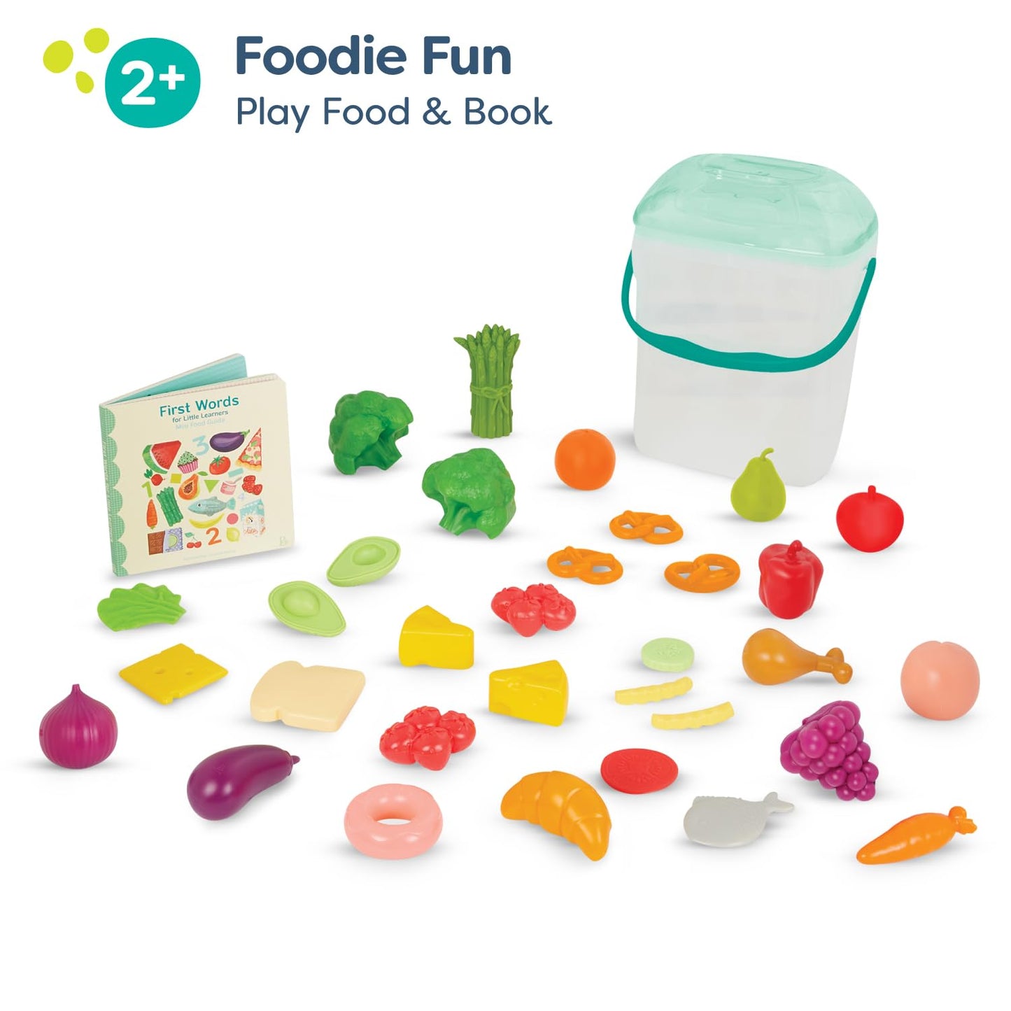 B. toys Foodie Fun Pretend Play Food Set – 32 Colorful Pieces & Educational Book for Toddlers – Storage Bucket Included – Ages 2+