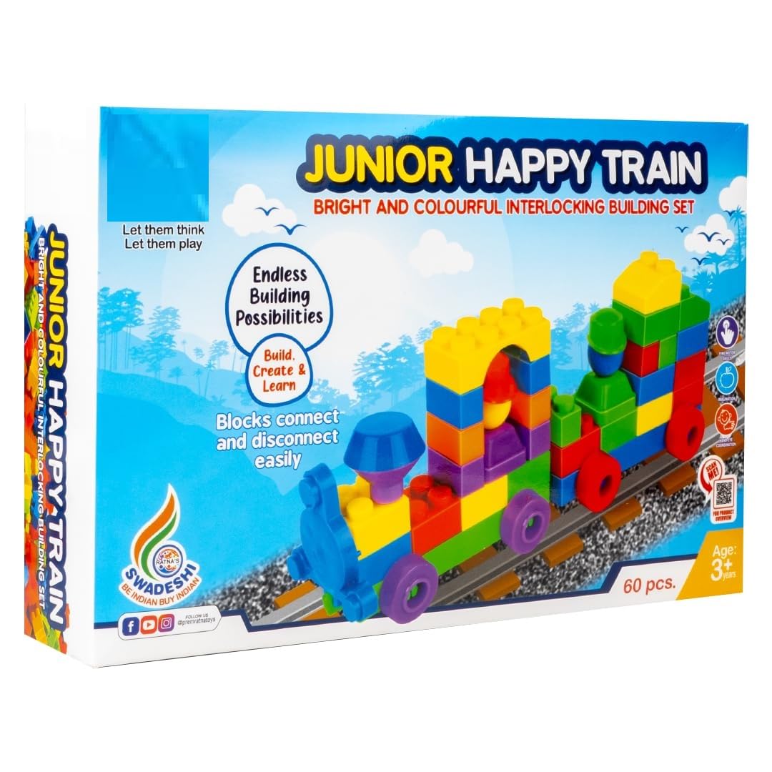 Happy Train Junior Construction Set 60Piece Bright & Colorful Interlocking Building Blocks For Kids Ages 3+, Creative Stem To