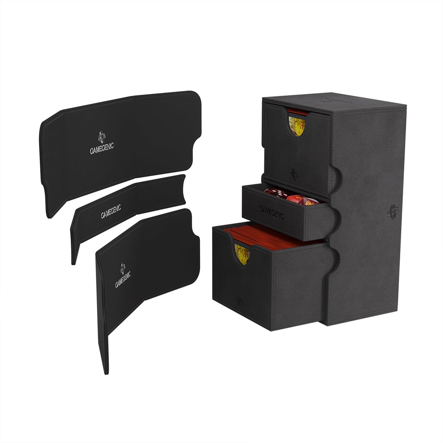 Gamegenic Stronghold 200+ Xl Convertible Deck Box | Double-Sleeved Card Storage | Card Game Protector With Accessories Drawer | Nexofyber Surface | Holds Up To 200 Cards | Black Color | Made