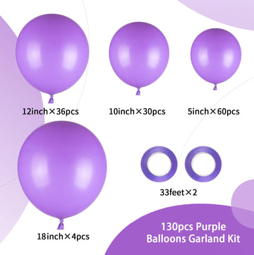 130Pcs Purple Balloons Garlands Kit, 18'' 12'' 10'' 5'' Different Sizes Pack Purple Latex Balloon Arch For Birthday Gender Revea