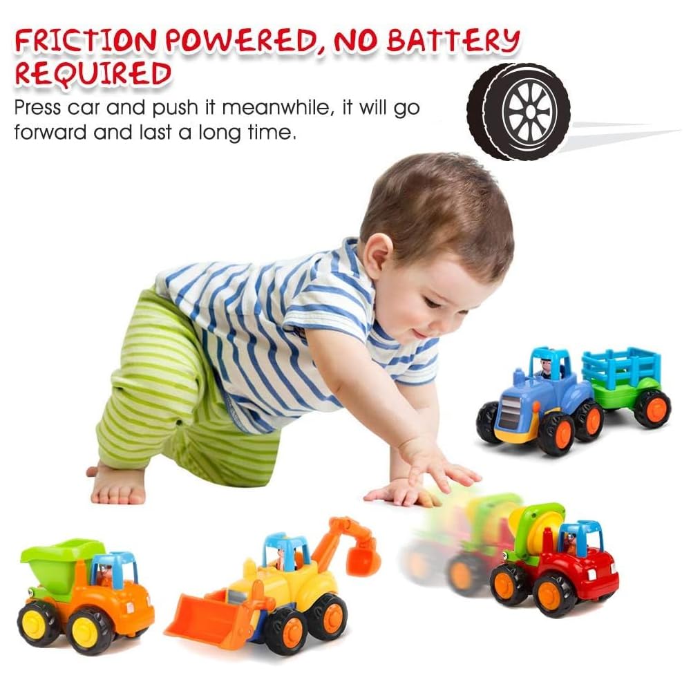 Yiosion Push and Go Friction Powered Cars Construction Vehicles Toy Set Tractor Bulldozer Mixer Truck Dumper for 1 2 3 Year Old