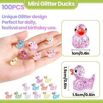 DULEFUN 100pcs Mini Glitter Ducks - Colorful Tiny Resin Animal Figures for Dollhouse, Landscape & Aquarium Decorations, Small Size