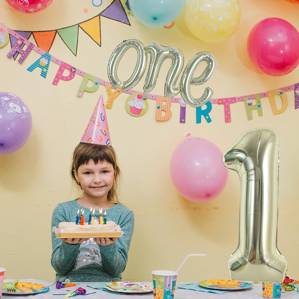 Toniful 40 Inch Giant Light Gold Number 1 Balloon,Mylar Foil Script Cursive Letter 1 Balloon Banner For Boys Girls Kids First Bi