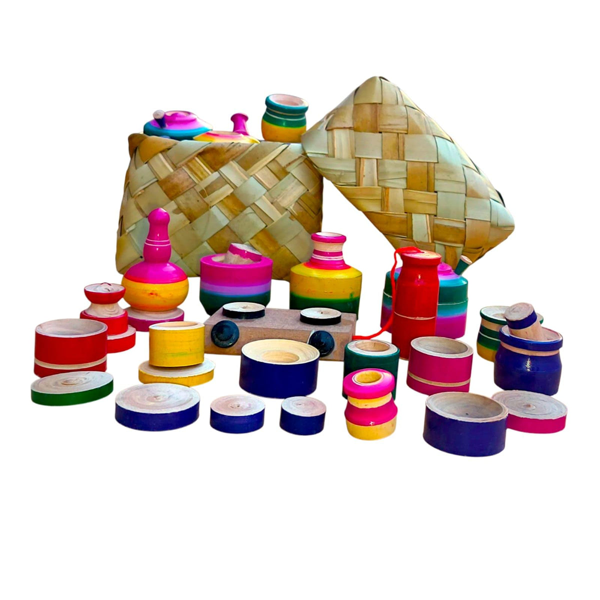 Traditional Wooden Kitchen Pretend Play Set for Kids and Toddlers Multicolour Handmade Cooking Toy Kit, EcoFriendly Gift for
