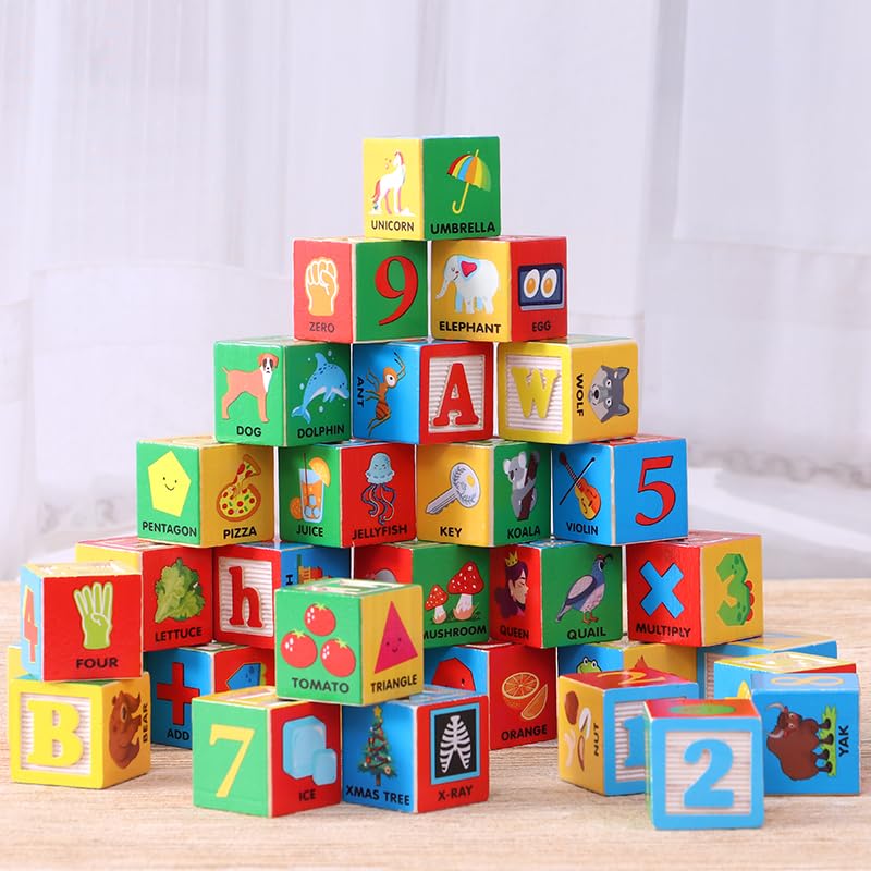 Atoylink Abc Wooden Building Blocks For Toddlers 1-3, 30 Pcs Alphabet & Number Stacking Toys With Storage Pull Toy Car Learning & Education Montessori Toys For 1 2 3 Year Old Baby Boy Girl Gifts