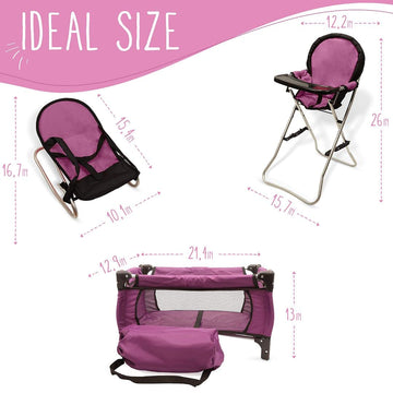Mommy & Me 3 In 1 Baby Doll Accessories Mega Deluxe Playset With Doll High Chair, Doll Bouncer, And Doll Pack N Play Doll Crib, Fits 18 Inch American Girl Doll, Purple