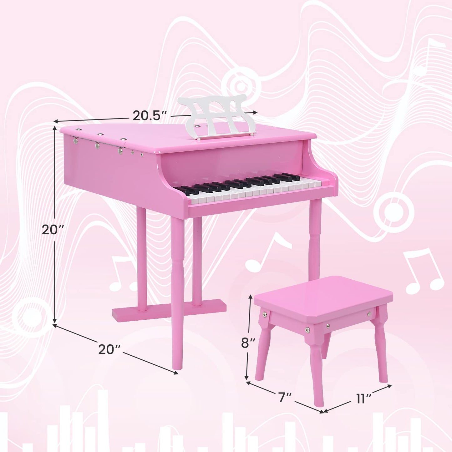 Goplus 30-Key Classical Kids Piano, Mini Grand Piano Wooden Learn-To-Play Musical Instrument Toy With Bench, Piano Lid, Music Rack, Gift For Boys Girls Aged 2+ Baby Tollder (3 Straight Leg-Pink)