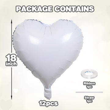 12 Pcs Heart Balloons, 18 inch White Heart Shaped Balloons, Big Heart Mylar Helium Balloons, Heart Love Foil Balloons for Weddin