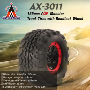 Goolsky 2Pcs AUSTAR AX-3011 155mm 1/8 Monster Truck Tires with Beadlock Wheel Rim for TRAXXAS SUMMIT E-Revo HPI Savage XL Flux H