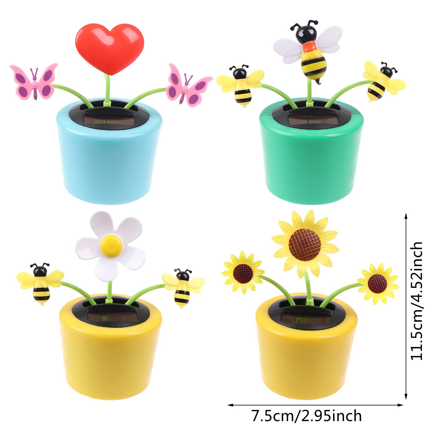 4 Solar Dancing Bee Toy Solar Powered Dancing Flower In Colorful Pots Swinging Heart Sun Flower Flip Flap Animated Bobblehead Dancer Window Rose Sun Catcher Car Dashboard Decor Portable Suncatchers