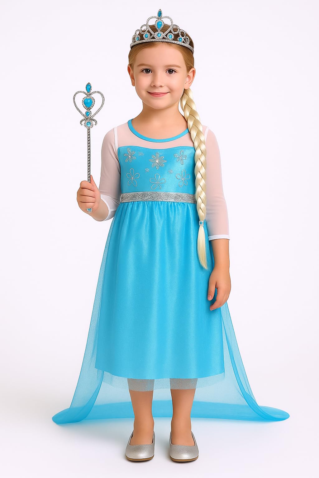 Fancydresswale Crepe Girls Princess Party Dress And Accessories For Special Occasions (6-8 Years, Blue Princess Style-2)