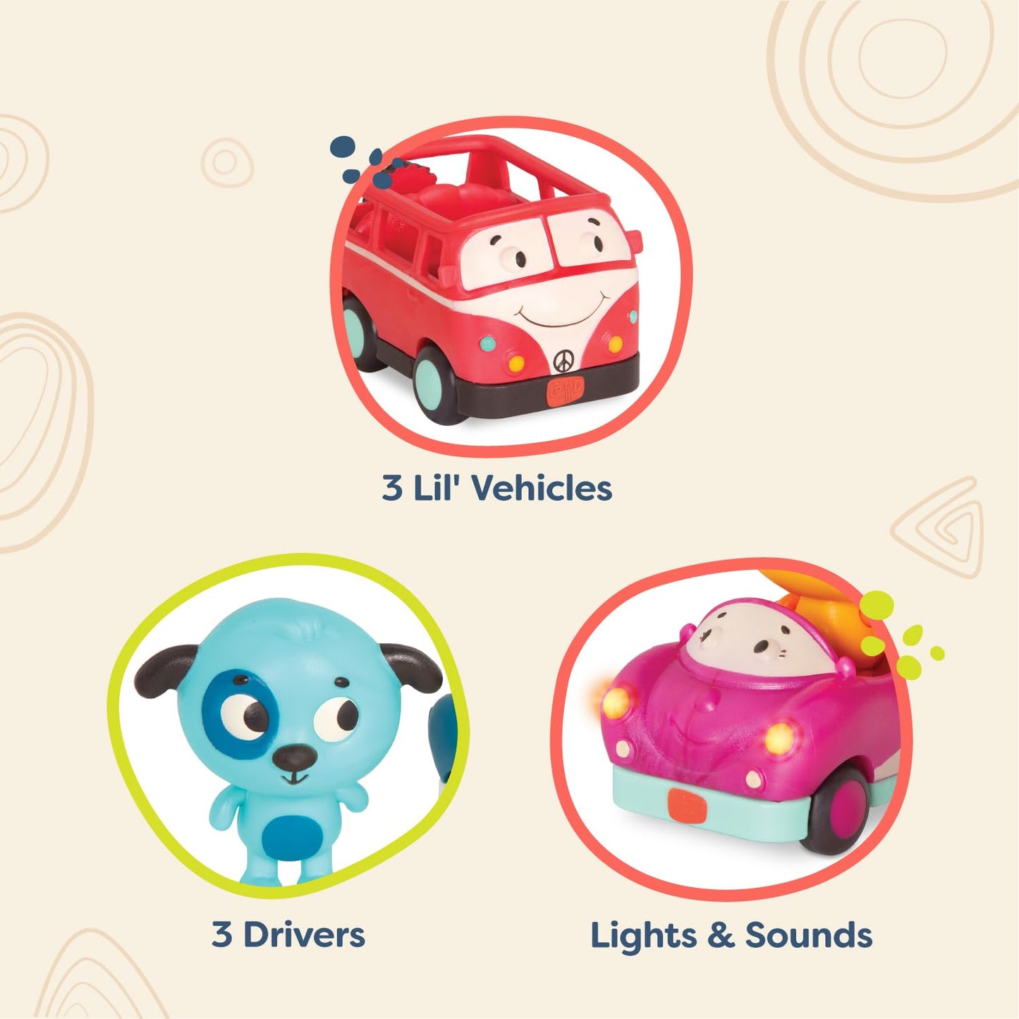 B. toys Mini Riders Cars & Animal Characters - Smart Car, Police Car, Van - Lights & Sounds - Multicolor - 12 Months+ - Model BX2314Z