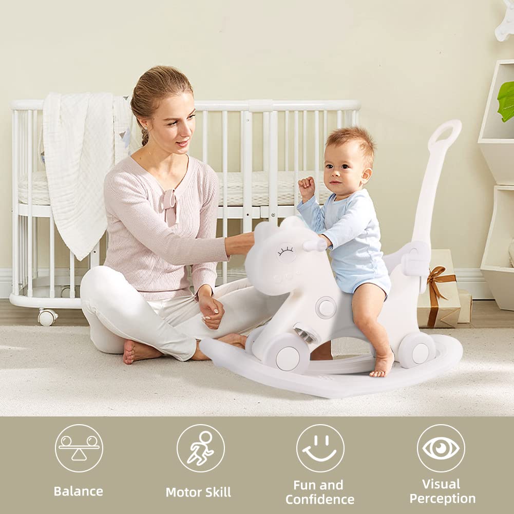 4 In 1 Rocking Horse For Toddlers 1-3 Years Old, Balance Bike Ride On Toys With Push Handle, Backrest And Balance Board For Baby Girl And Boy, Unicorn Kids Riding Birthday (White)