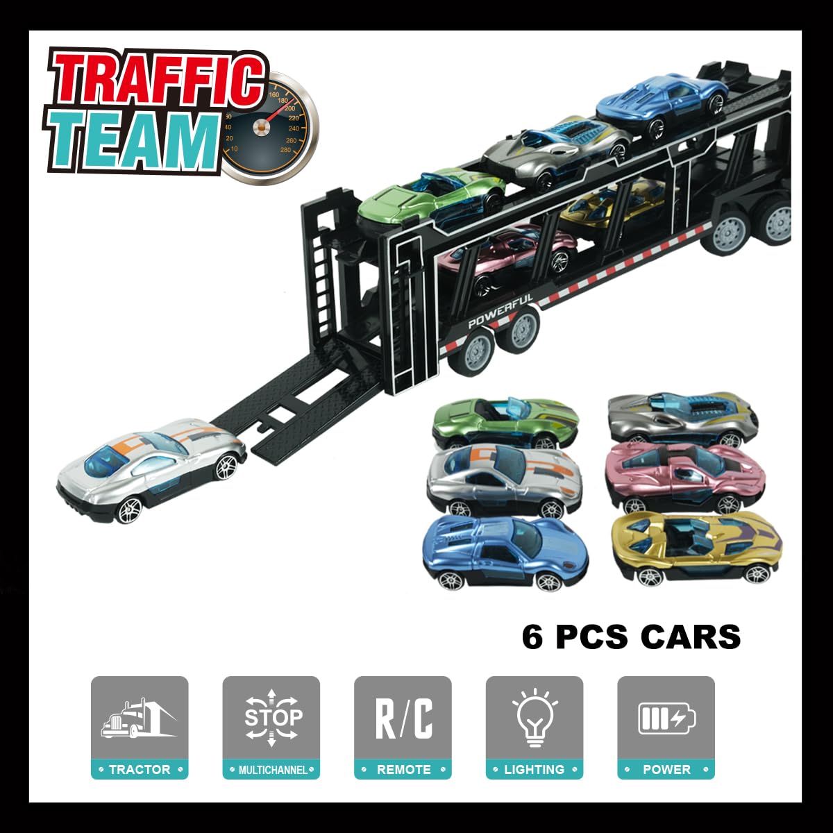CALEST Remote Control Car Transporter Truck Includes 6 Cars, 14'' 1:48 Car Transporter Semi Truck Toy, Equipped with 2 Rechargea