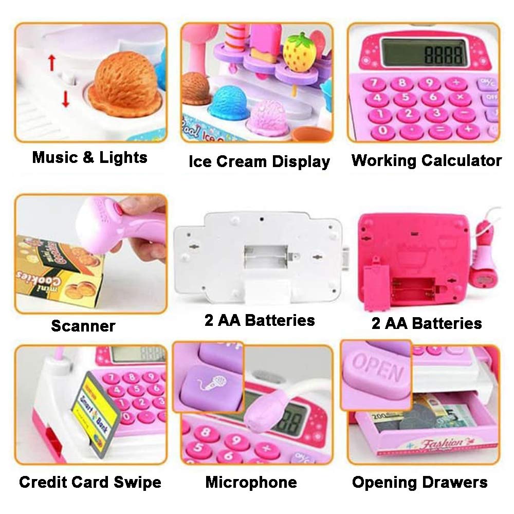 Ice Cream Store Mini Cash Register With Pretend Play Desserts, Working Scanner, Calculator, Microphone, Money And Credit Card