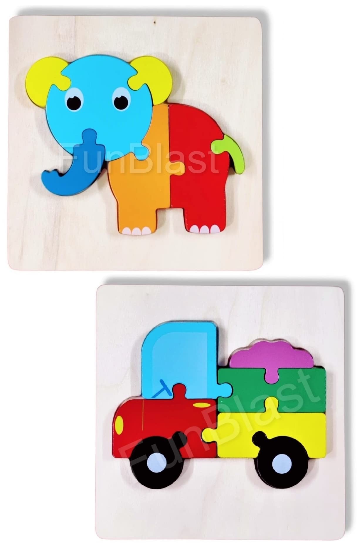 Funblast Wooden Puzzles For Kids - Early Educational Toy, Elephant & Vehicle Puzzles For Kids, Return Gifts For Kids, Learning T