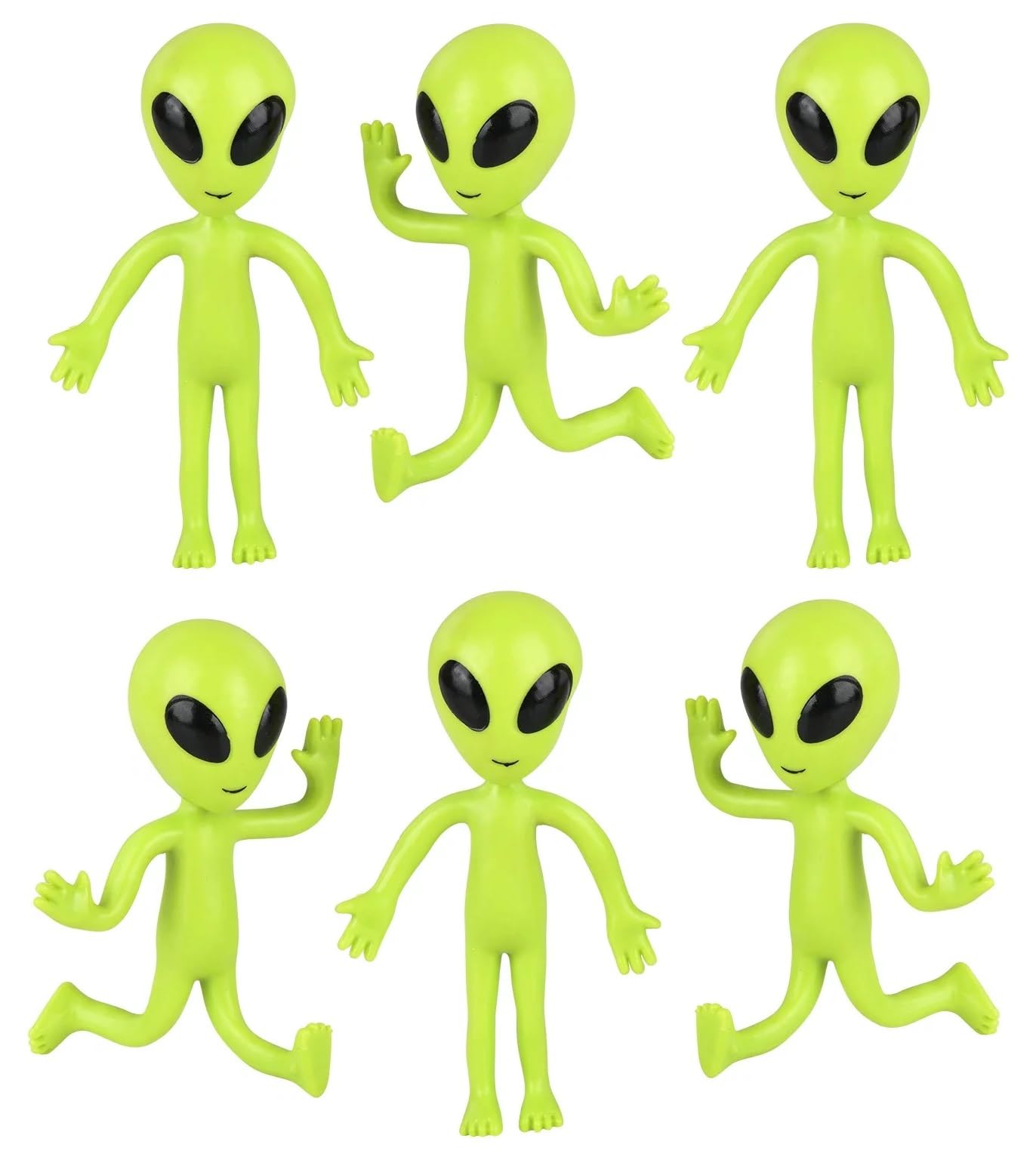 Zugar Land Bendable Rubber Neon Green Aliens - 6 Pack. (4'') Action Figures Bendable Ufo Aliens Limbs Sensory Stress Relief Fidg