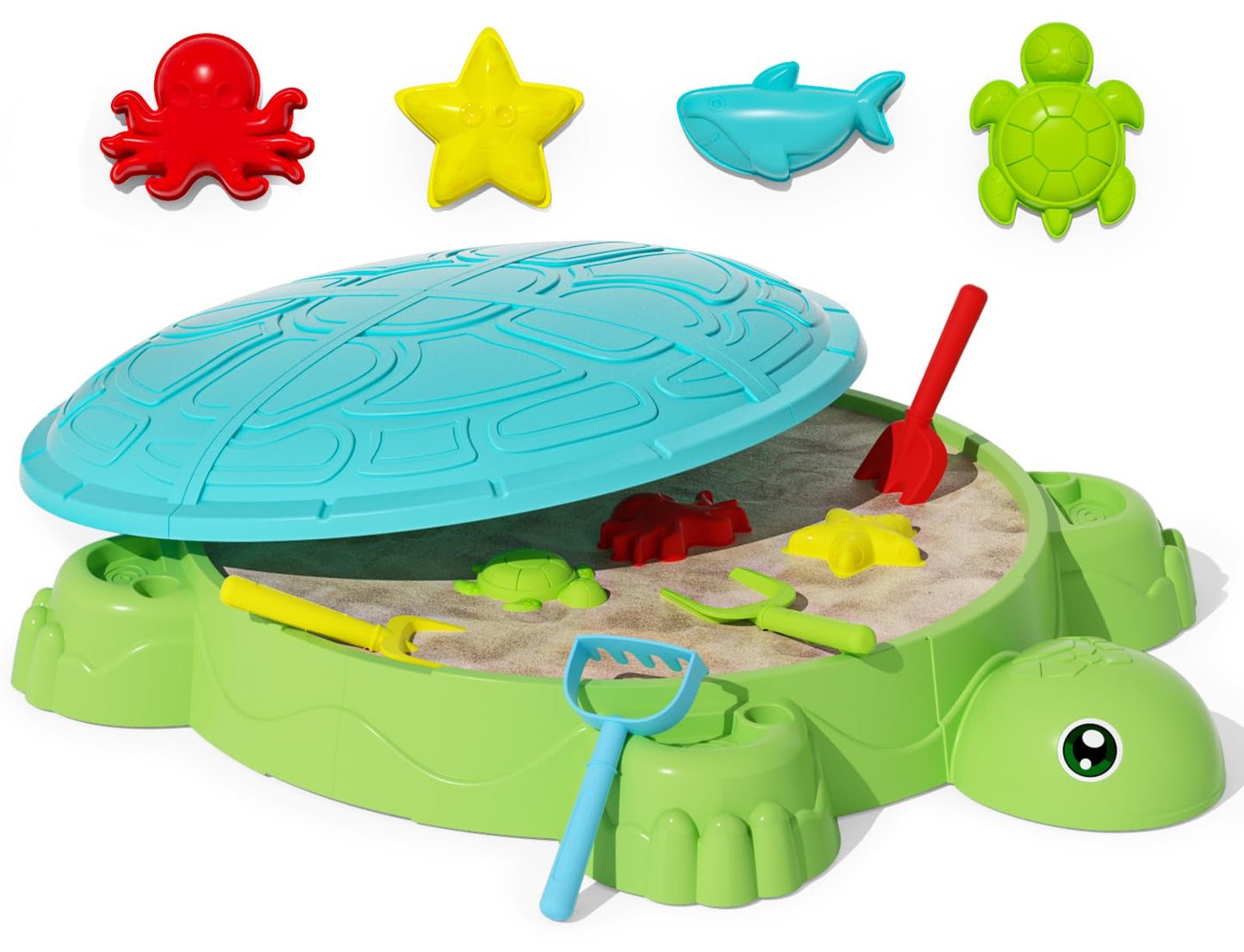 Maysida Kids Turtle Sandbox With Lid, Sand Box Toys With Cover For Toddlers 3-5, 8 Pcs Sand Toys Set, Summer Beach Outdoor Indoo