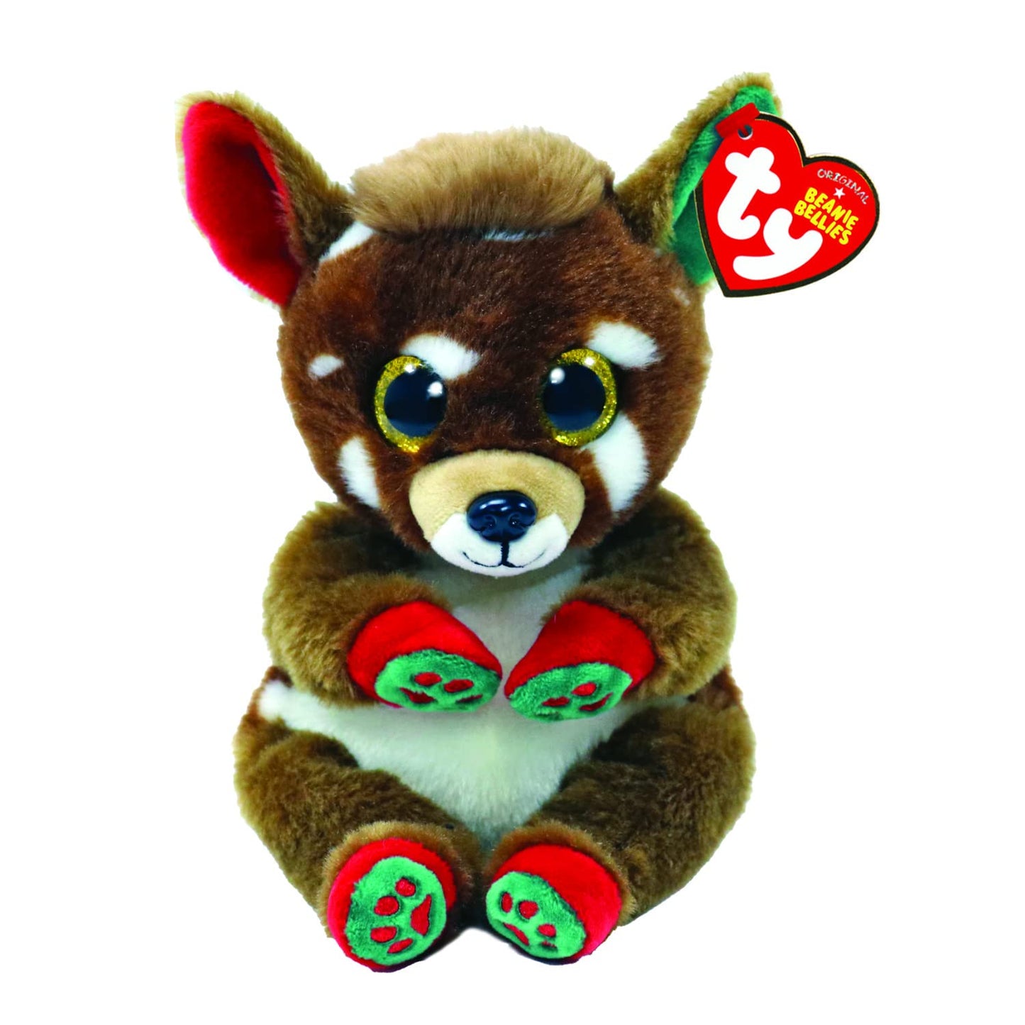 Ty Beanie Bellies Reindeer Juno Plush Toy, Brown, 20cm, Soft Polyester, Gold Glitter Eyes, Model 41040
