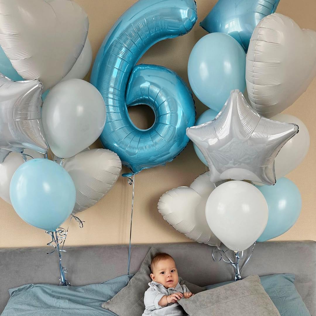 Paticool 40 Inch Blue Number Balloon 6, Large Light Blue Number Foil Mylar Balloons For Birthday Party Celebration Decorations S