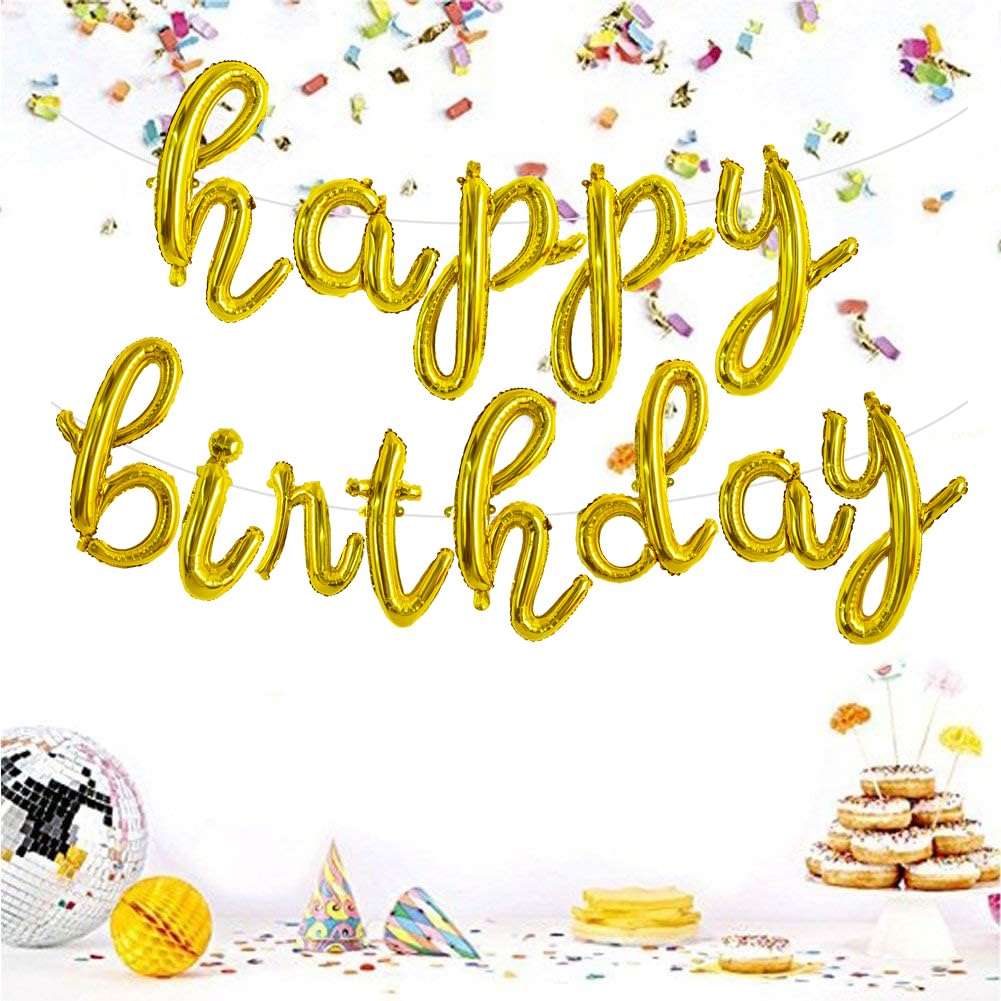 Toniful Gold Happy Birthday Balloons Banner,Cursive Happy Birthday Balloons Gold Birthday Decorations Gold Mylar Foil Birthday B