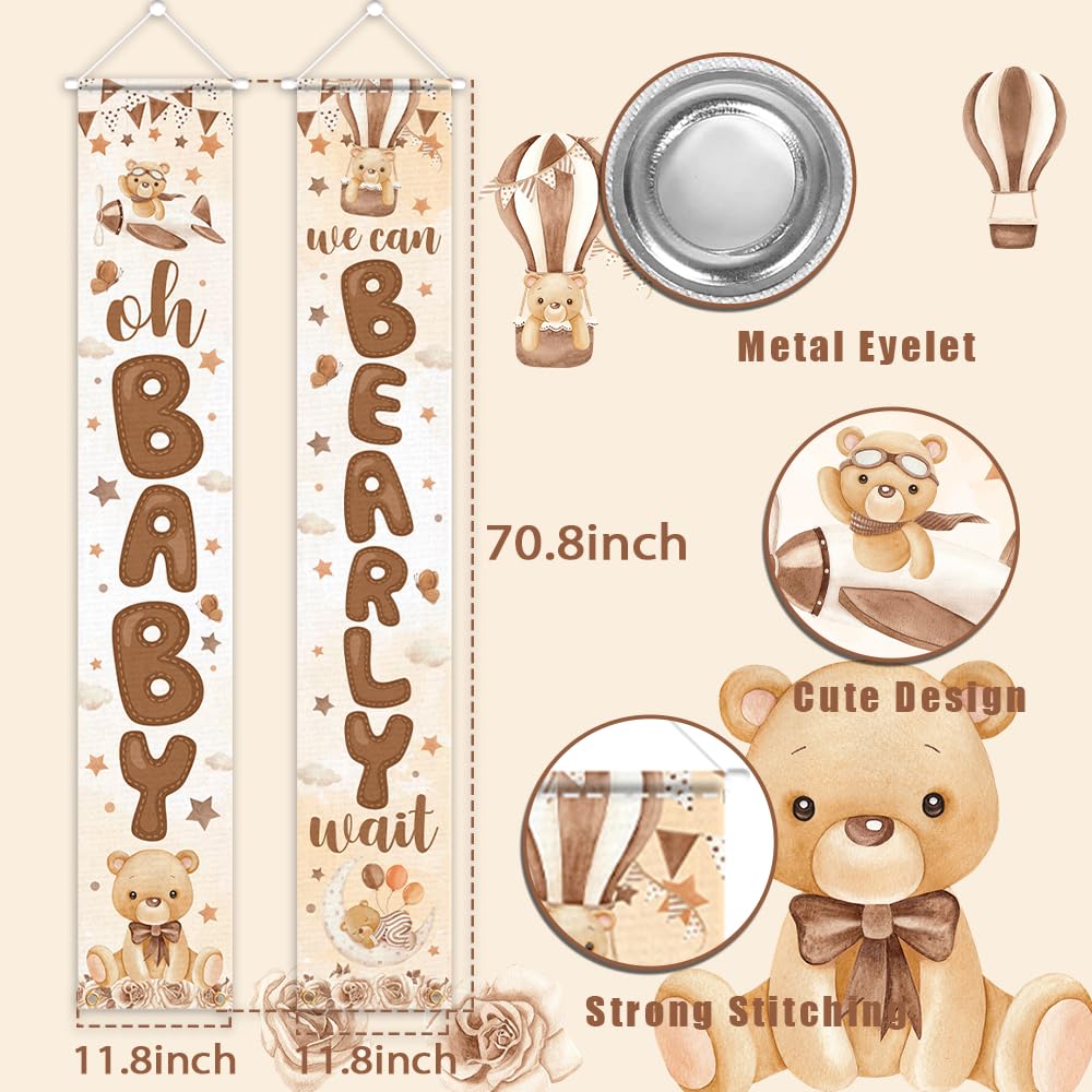 Bear Baby Shower Party Decoration-2 Pices We Can Bearly Wait Porch Sign Banner,Gender Reveal Banner Porch Sign For Welcome Baby