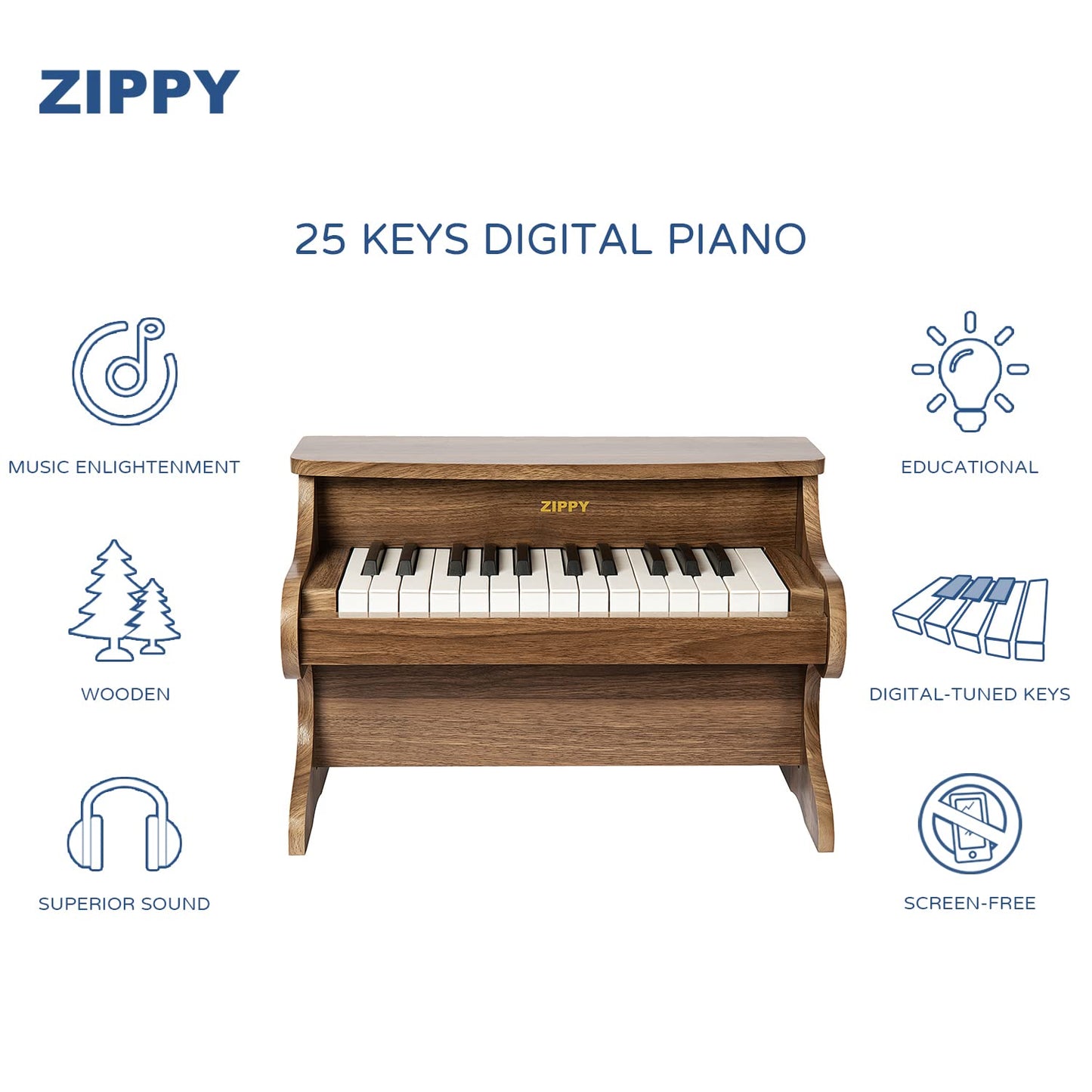 ZIPPY 25 Keys Kids Piano Keyboard - Walnut Digital Piano Toy for Toddlers, Mini Educational Music Instrument for Boys & Girls