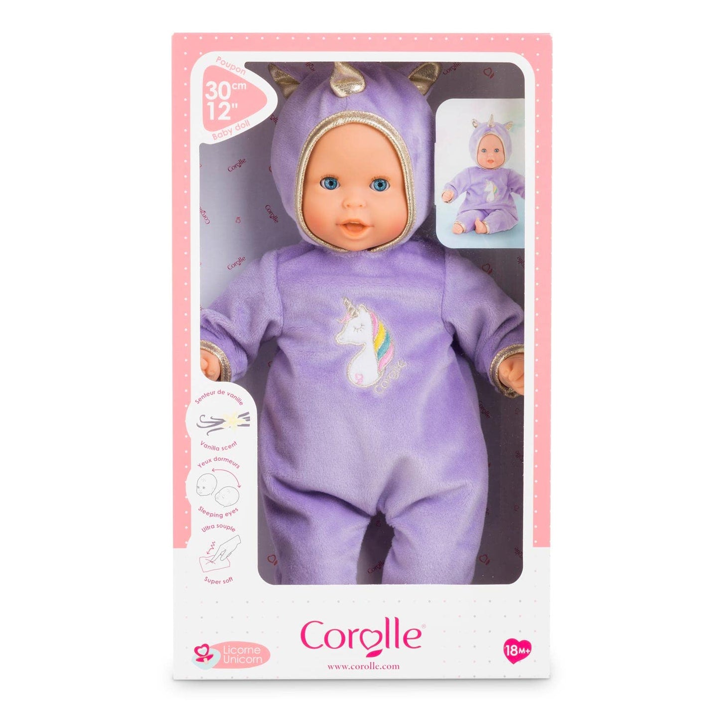 Corolle Bébé Calin Unicorn Boy Baby Doll - 12' Soft Body Doll With Purple Hooded Outfit, Sleeping Eyes Open And Close, Vanilla-Scented, For Ages 18 Months And Up
