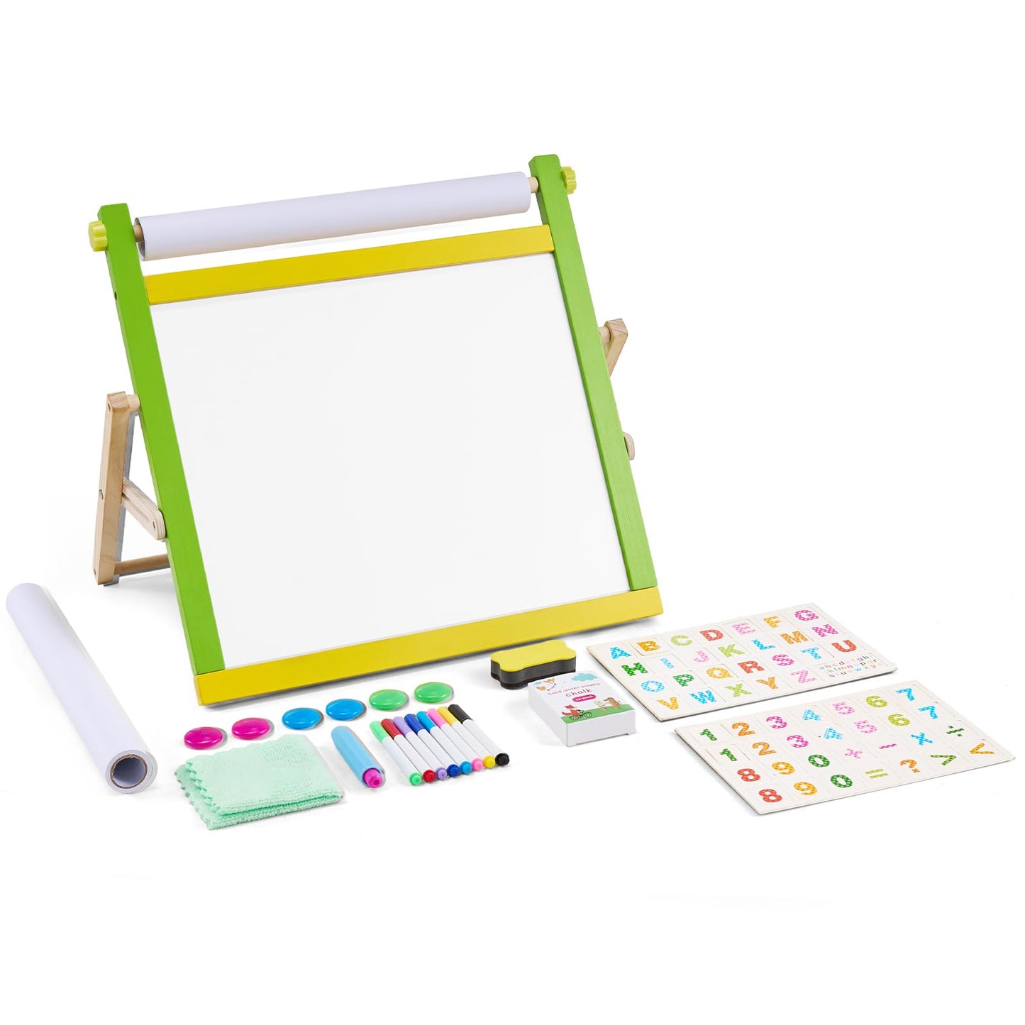 VEVOR Tabletop Art Easel for Kids, 3-in-1 Wooden Double-Sided Kids Art Easel with Magnetic Whiteboard, Chalkboard, Paper Roll,