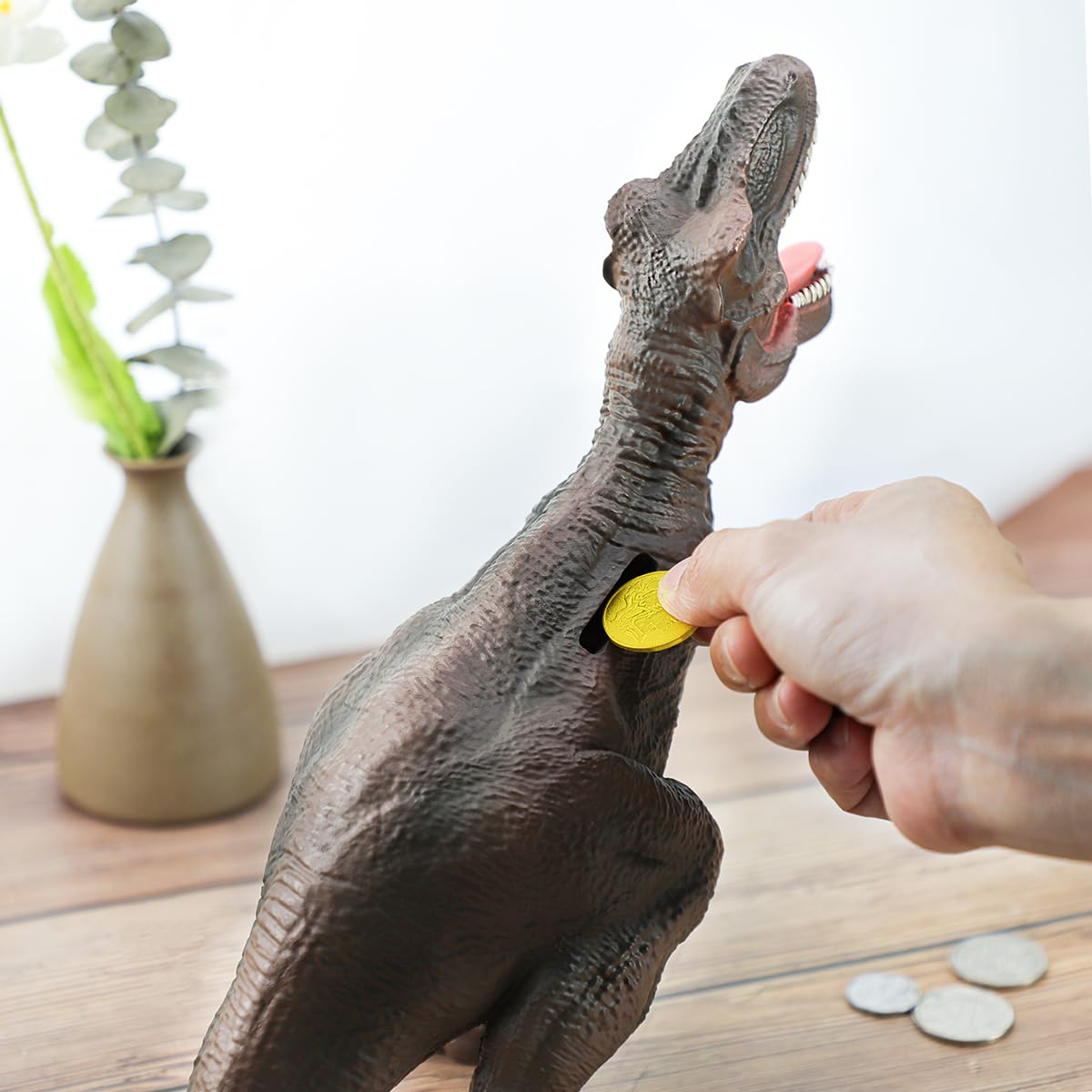 Massjoy Resin Brown Dinosaur T-Rex Piggy Bank, Boy Birthday Present.