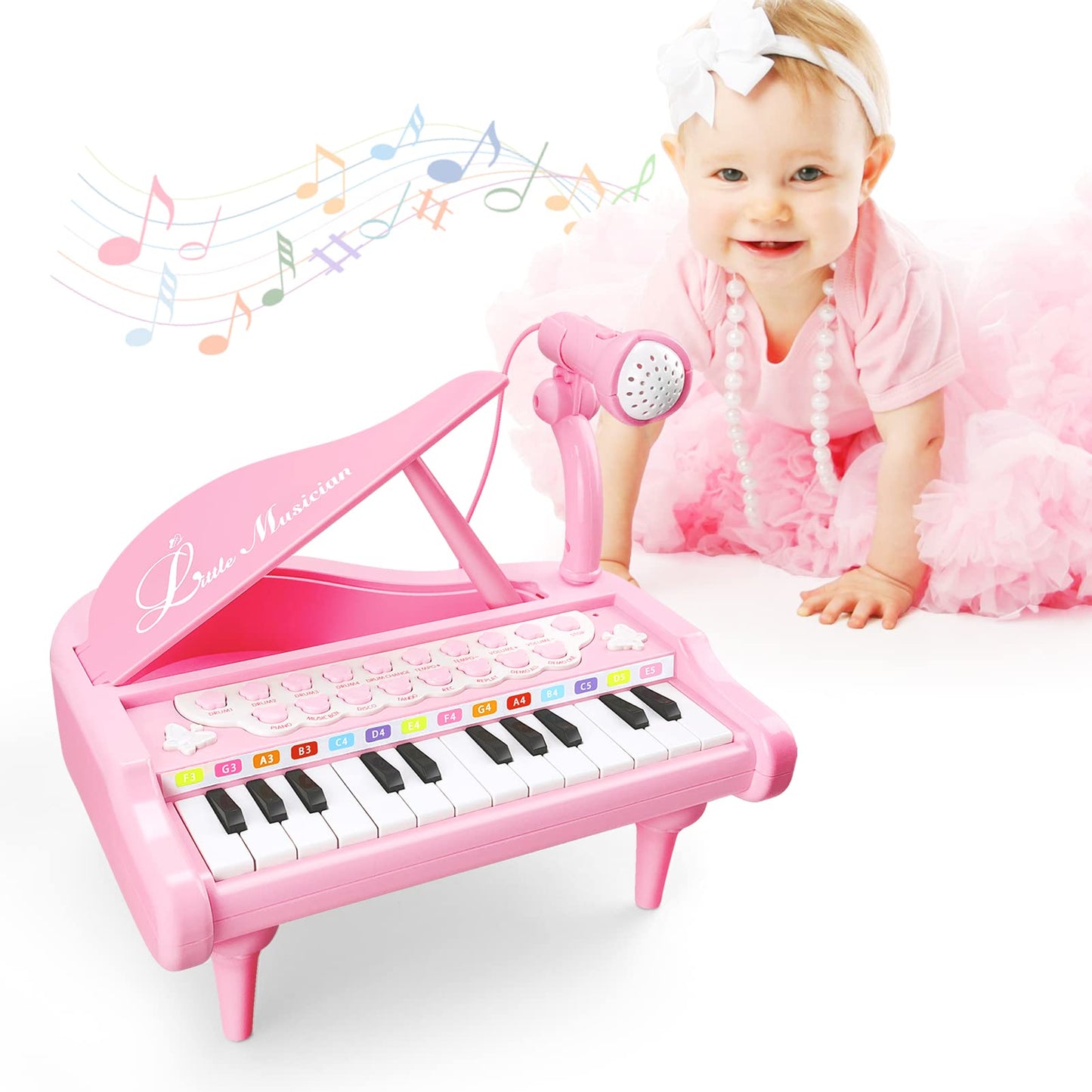 Love&Mini Pink Piano Toys For 1+Years Old Girls First Birthday Gifts Toddler Piano Music Toy Instruments With 24 Keys And Microphone