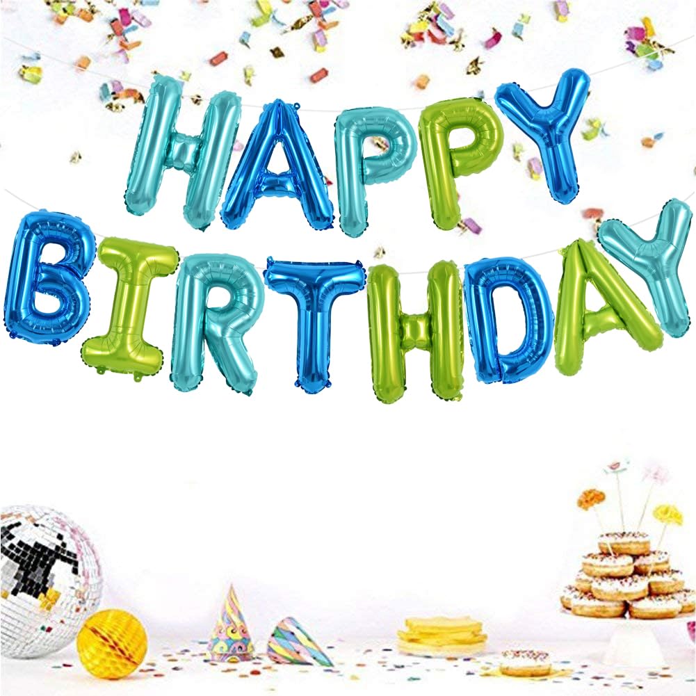 Toniful Blue Green Happy Birthday Balloons Banner 16 Inch Mylar Foil Letters Birthday Sign Bunting Reusable For Girls Boys Kids