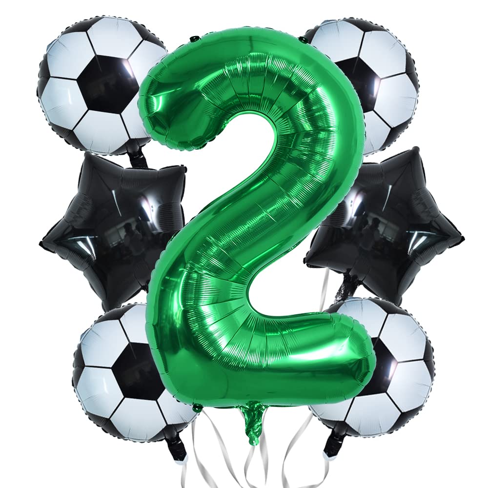 Toniful 32 Inch Soccer Balloons Set 2St Birthday Decoration Green Number 2 Foil Soccer Balloon Black Star Balloons For Children'