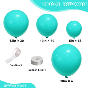 130Pcs Teal Blue Balloons Different Sizes 18'' 12'' 10'' 5'' Balloon Garland Arch Kit Perfect For Birthday Party, Graduation, Ba