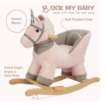Rock My Baby Rocking Horse With Chair, Pink Unicorn Pony Rocker With Realistic Unicorn Music. Rocking Animal. Wooden Rocking Hor