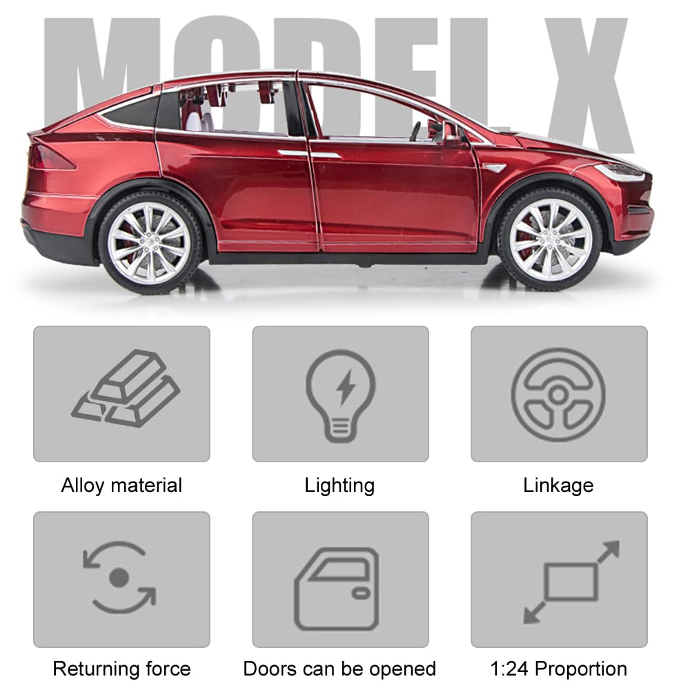 Model X Toy Car 1/24 Diecast Model X Model Car Pull Back Vehicles with Sound and Light, Eagle Wing Door, Big Model X Diecast Car