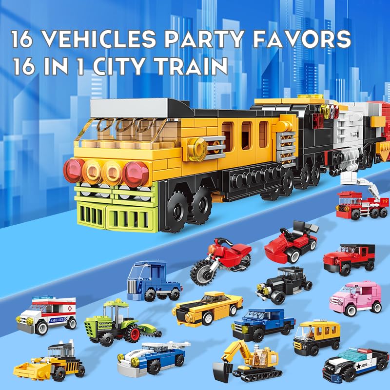 16 Pack Building Blocks Party Favors For Kids, 2 In 1 710Pcs Creative Building Kits Mini City Vehicles Include Police Car & Trai